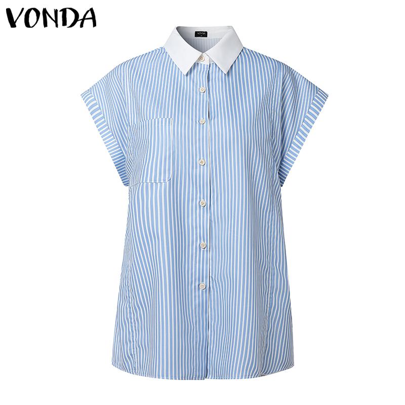 VONDA Women Stitching Lapel Short Sleeve Striped Buttons Up Casual Blouse