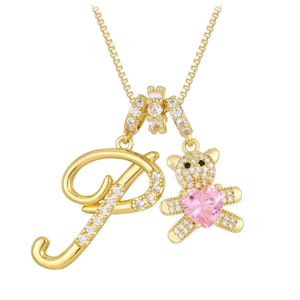 Luxurious Teddy Bear Pendant Necklace with Diamond Inlaid 26 English Letters Charm - European and American Fashion Style