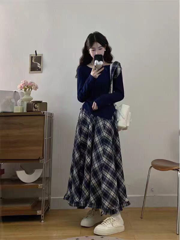 Amber Academics: Bowknot Long Sleeve Top & Retro Plaid Skirt Set