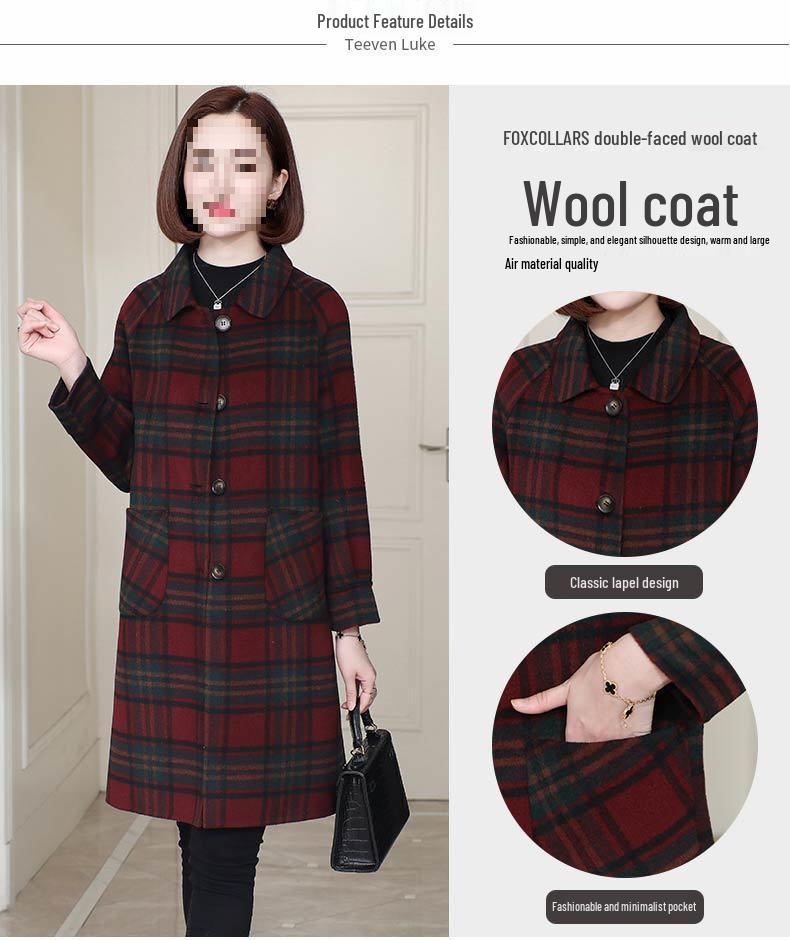 Women's Red Plaid Wool Coat - Korean Style, Autumn/Winter 2025, Double-Sided for Middle-Aged and Elderly