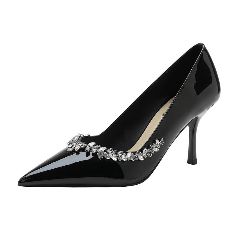 Autumn rhinestone flower pointed head thin heel patent leather high heels wide fat feet