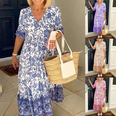 Women's Fashion Summer Spring Floral Print Short Sleeve V-Neck Loose Casual Dresses