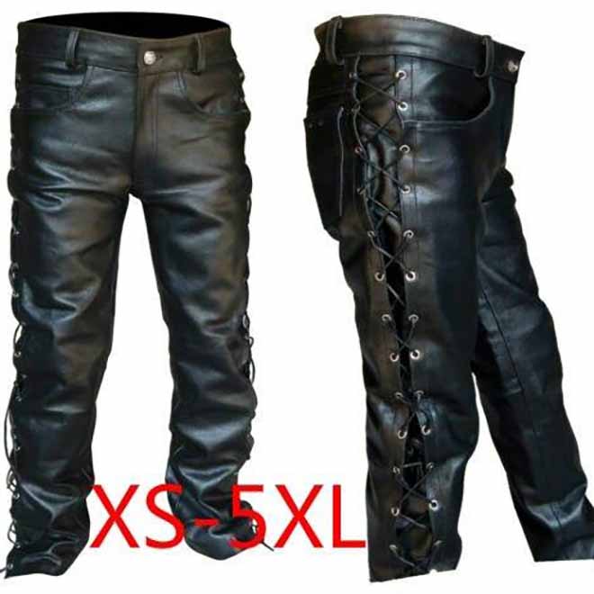 Dünne, lässige, einfarbige schwarze Riemchen-Lederhose für Herren in Übergröße