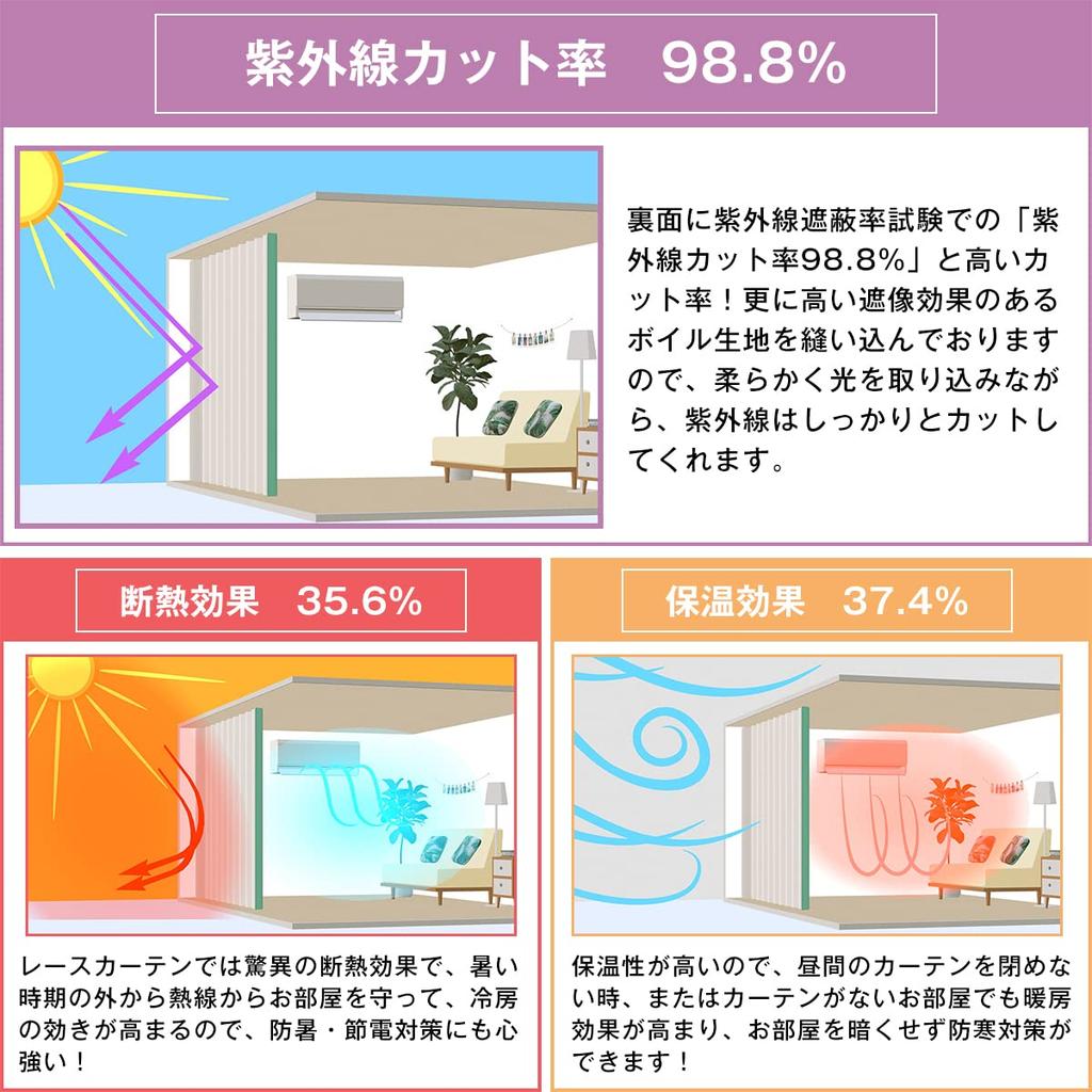 One is a great energy saving Stylish voile lace Keep your room comfortable with just one Blocks day and night Blocks of UV Botanical 100 x 213 cm x 2