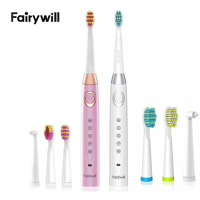 

Электрические зубные щетки Fairywill Sonic для взрослых и детей, 5 режимов, умный таймер, перезаряжаемая отбеливающая зубная щетка
