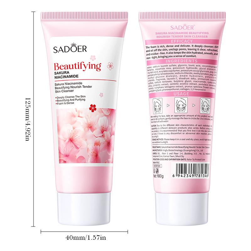 SADOER Cherry Blossom Niacinamide Facial Cleanser - Beautifying & Nourishing Deep Cleansing Wash