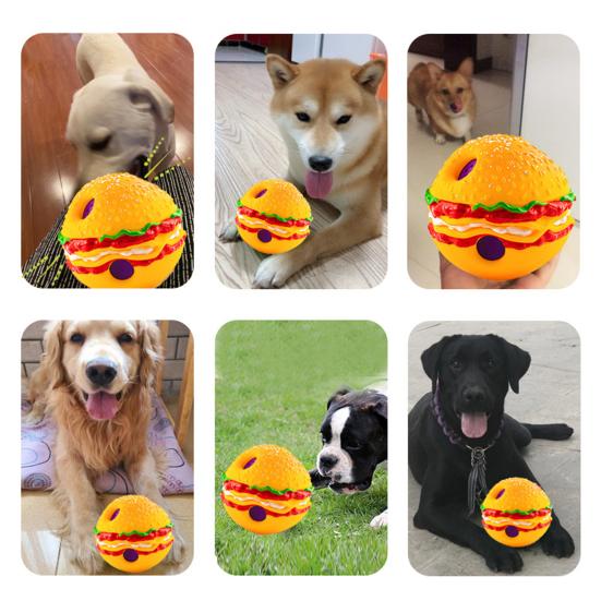 Haustierspielzeug, Burgerform, Kichergeräusch, lockt bissfest, Zahnpflege, multifunktionale Zahnreinigung, Spielspielzeug, Hund, wackelt, Kicherball, Heimtierbedarf
