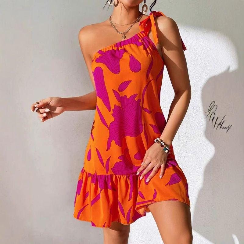 

Small Summer New Arrival Fashion Style Diagonal Collar Sexy off-the-Shoulder Lace Printing Ruffles Sleeveless Dress Skirt Red XL