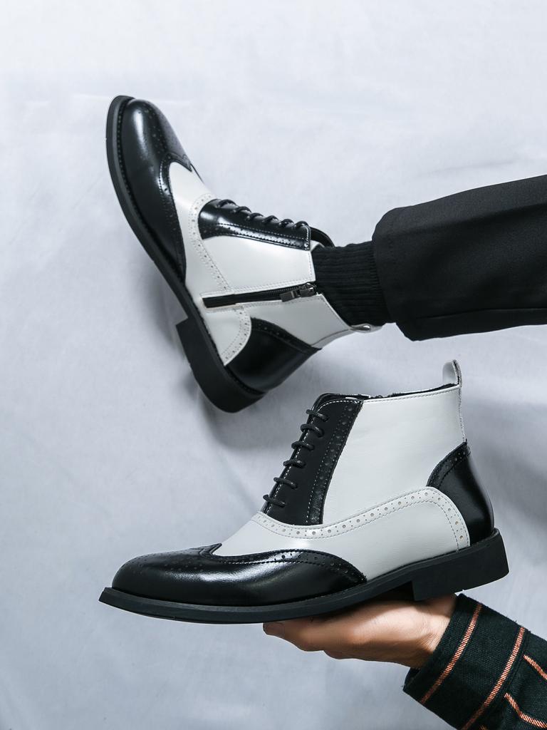 Luxury New Designer Men Pointed Black White Mix Patchwork Casual Ankle Boot Male Winter Fashion High Tops Shoes Zapatos Hombre