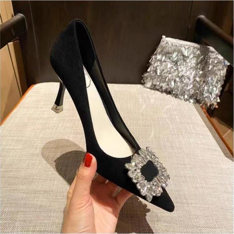 Fashion New Style Women Shoes Fashion Rhinestone Square Buckle Bridesmaid Wedding Shoe Solid Flock Pointed Toe Stiletto Pumps High Heels