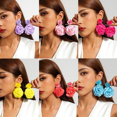 2PCS European Fashion Polychrome Simulated 3D Flower Dangle Earrings Jewelry for Women Girls Fresh Big Flower Party Holiday Jewelry