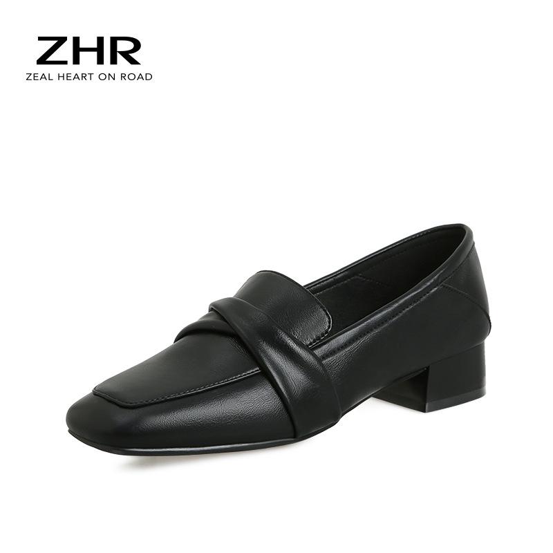 ZHR Women's Thick Heel Square Toe Loafers - Summer 2023 British Style Slip-on Leather Shoes