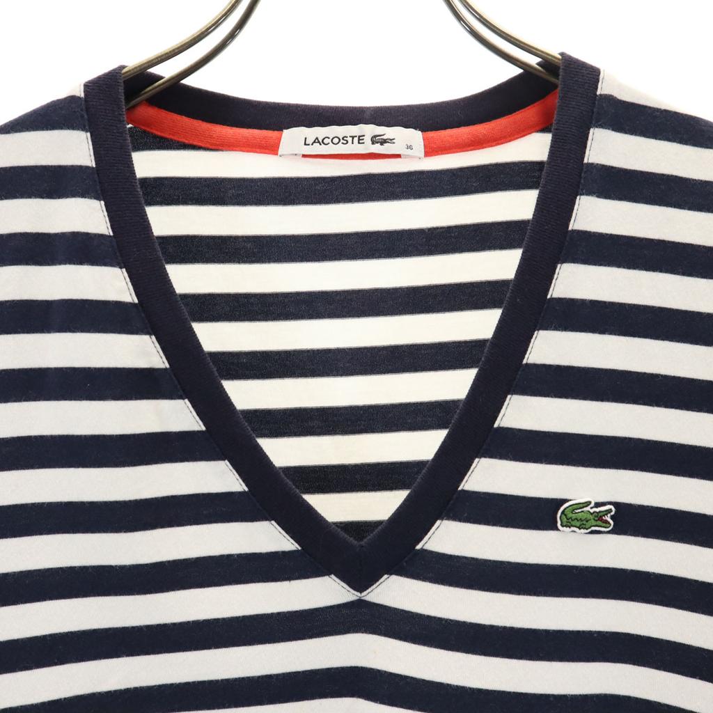 LACOSTE Border Pattern French sleeve V neck T-shirt 36 Navy Women Used