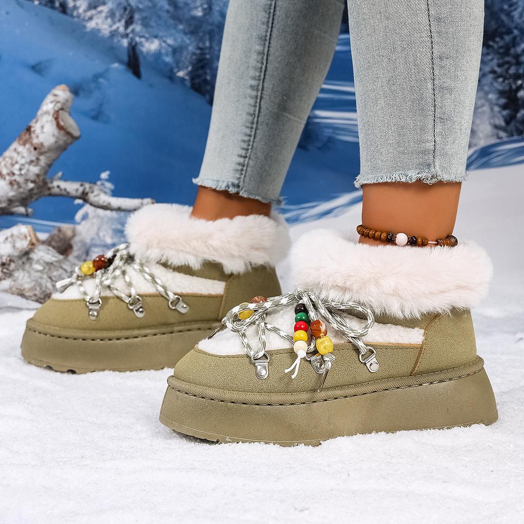 2025 Fall/Winter New Snow Boots Women's Front Lace-Up Thick Sole Fleece Thickened Short Boots Warm Cotton Shoes