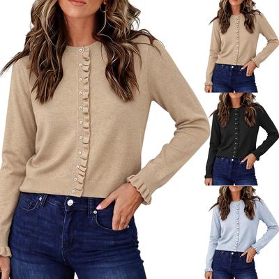 Women's Color Round Neck Long Sleeve Knit Cardigan with Ruffle Trim for Casual Wear