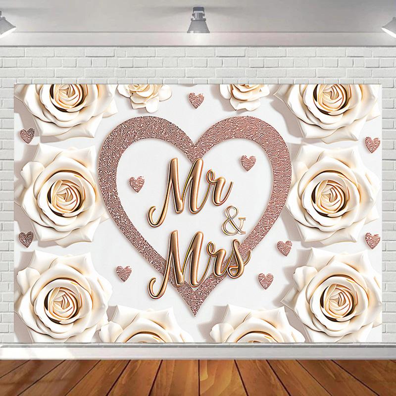 1pc Mr & Mrs Wedding Backdrop with Heart&White Roses,Party Banner for Weddings,Romantic Photo Background Decor,Wall Decor,Reusable Supplies