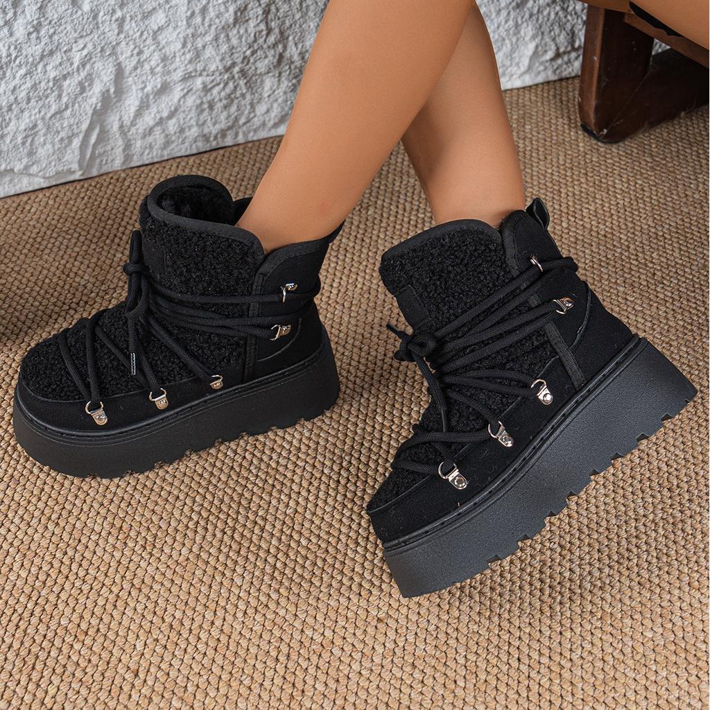 Fashion Women's Winter Snow Boots Fleece Lined Thick Bottomed Cotton Shoes 2025 Ties Fashionable Warm Rubber Outsole 6CM Heightening