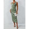 Women Olive Green Satin Cowl Neck Sleeveless Ruched Waist Bodycon Midi Dress