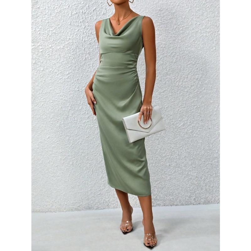 Women Olive Green Satin Cowl Neck Sleeveless Ruched Waist Bodycon Midi Dress