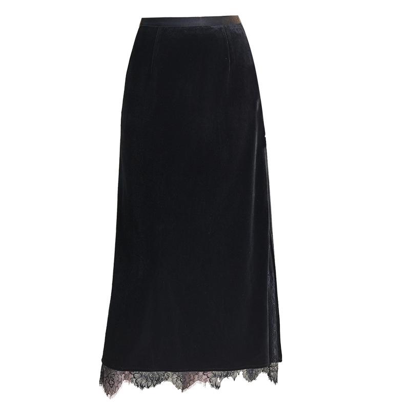 Elegant Velvet Lace Trim High-Waisted Slit Tube Pencil Skirt