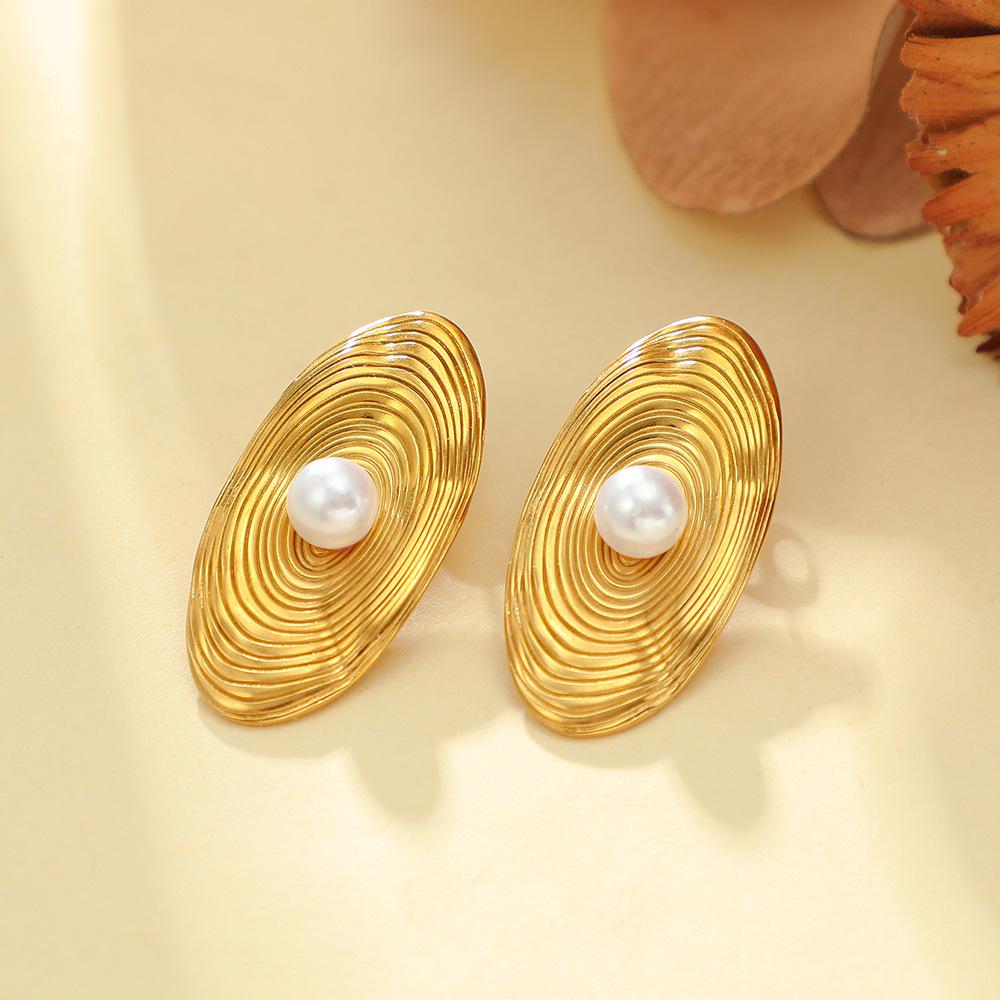 Polished Stainless Steel Pearl Stud Earrings for Women - Irregular Geometric Flower Design