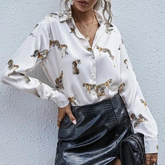 Women's Long Sleeve Turn Down Collar Shirt Autumn Elegant Commute Satin Blouse With Full Tiger Animal Print Loose Fit Button Down Top