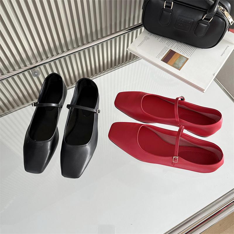 Fashion Bailamos Women Casual Ballet Flats Shoes 2024 Ins Real Leather Buckle Strap Soft Square Toe Low Heels Office Shoes Mujer
