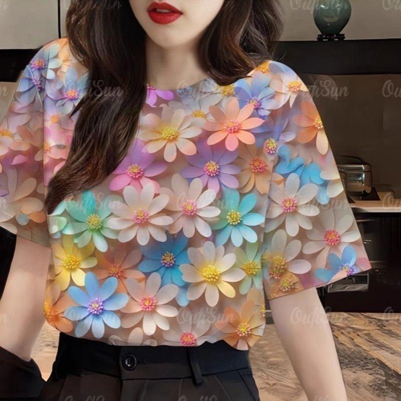 Summer Trendy Colorful Flower Pattern 3D Digital Print T-Shirt round Neck Short Sleeve Casual Women's Fashion Polyester Fiber Breathable