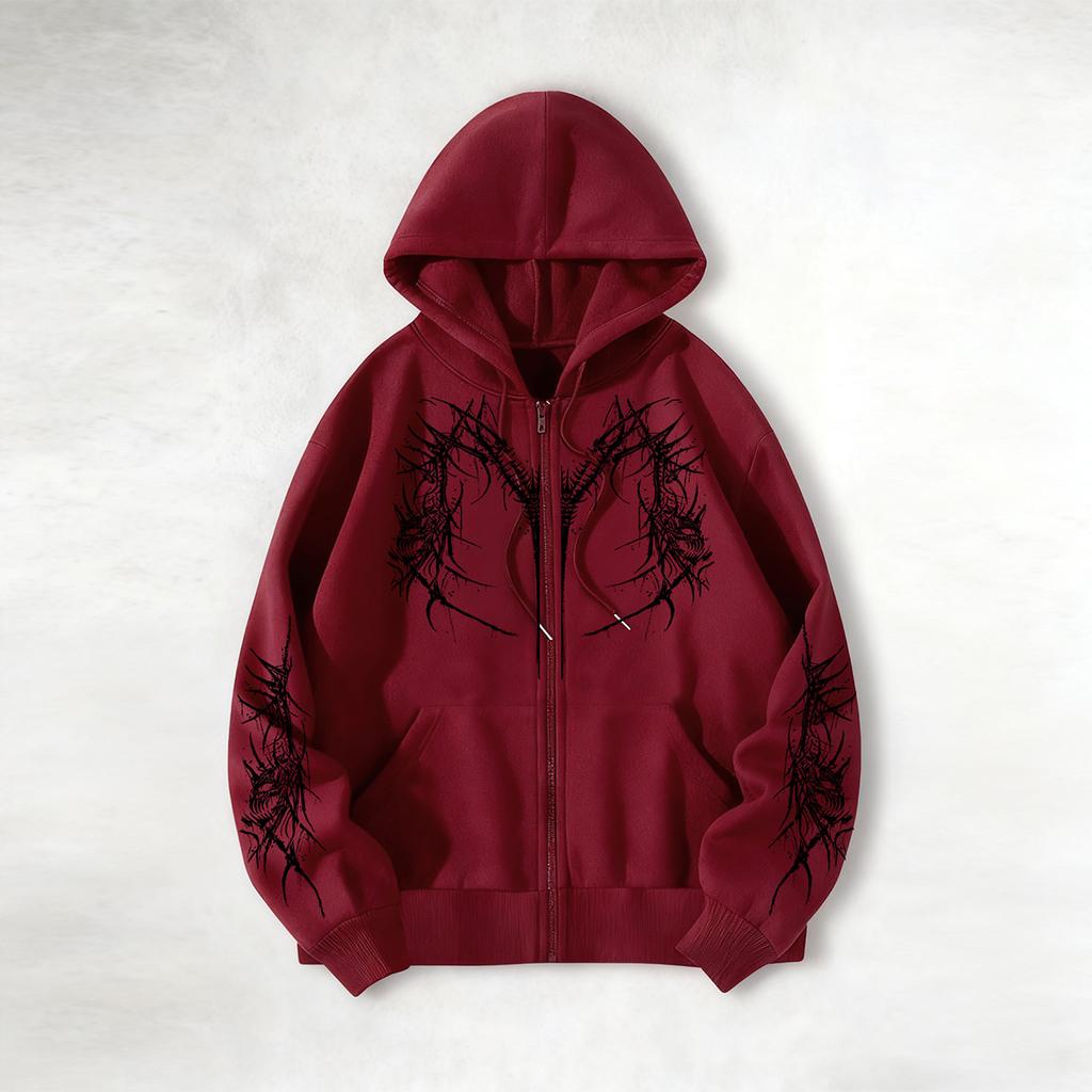 Avant-garde dark aesthetic skeleton-print hoodie, zip-up hoodie