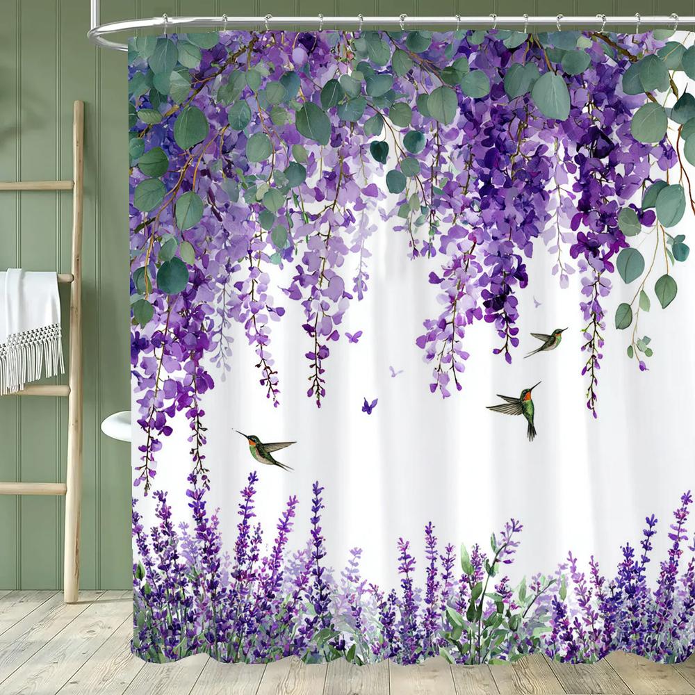 1pc Plant Purple Floral Shower Curtain, Bathroom Decorative Shower Curtain, Printed Polyester Fabric Shower Curtain with Hooks