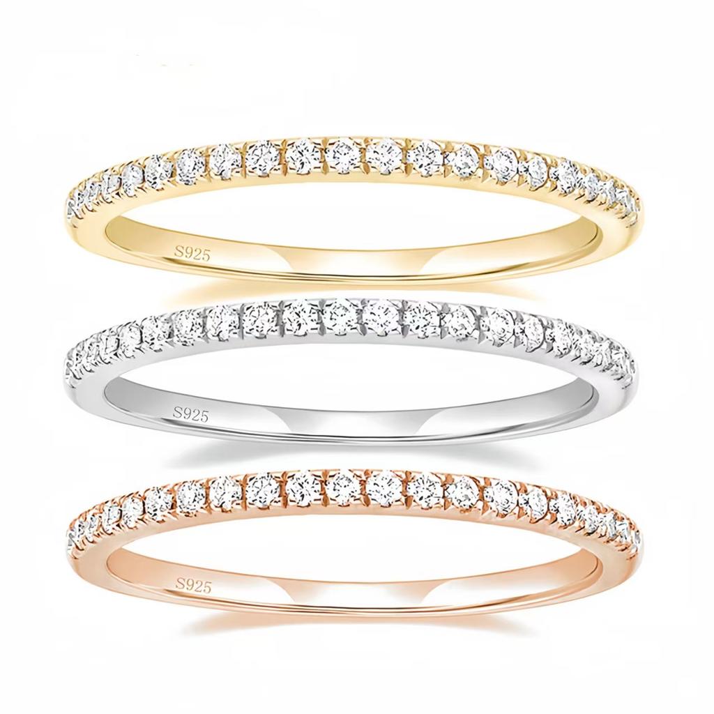 Bamoer 925 Silver Simple Gold Plated Finger Ring Full Zircons for Women Dazzling Stacking Rings Jewelry Party Gift