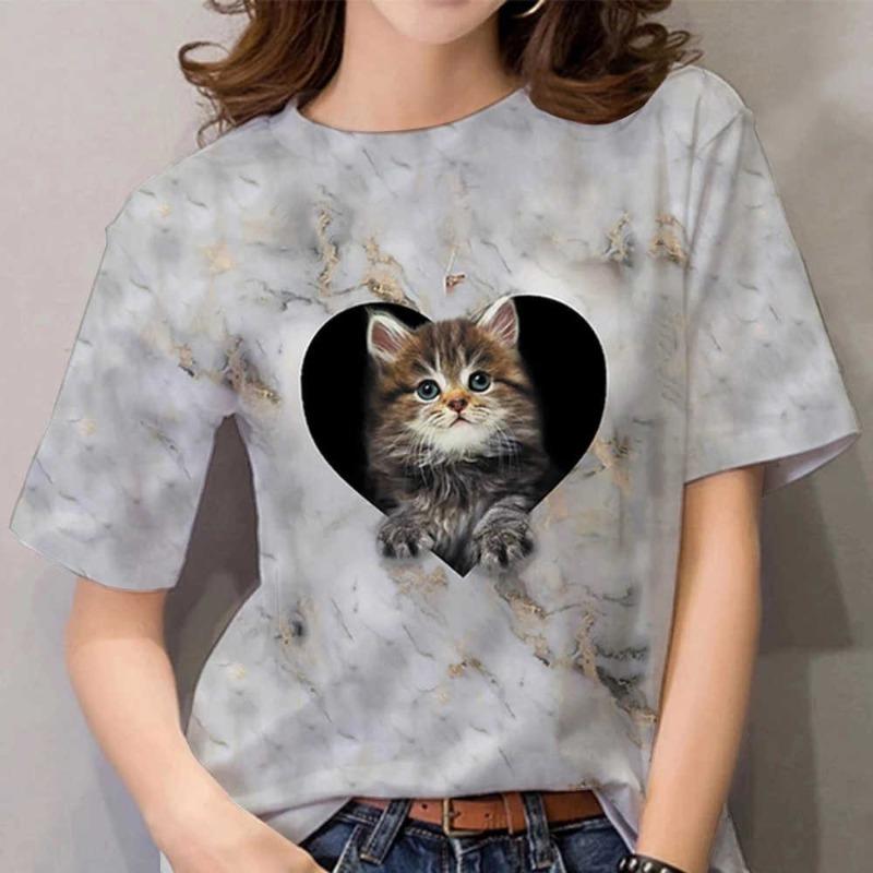 Sommer Casual Damen Top 3D Digital Tierdruck Kurzarm Rundhals T-Shirt Katze