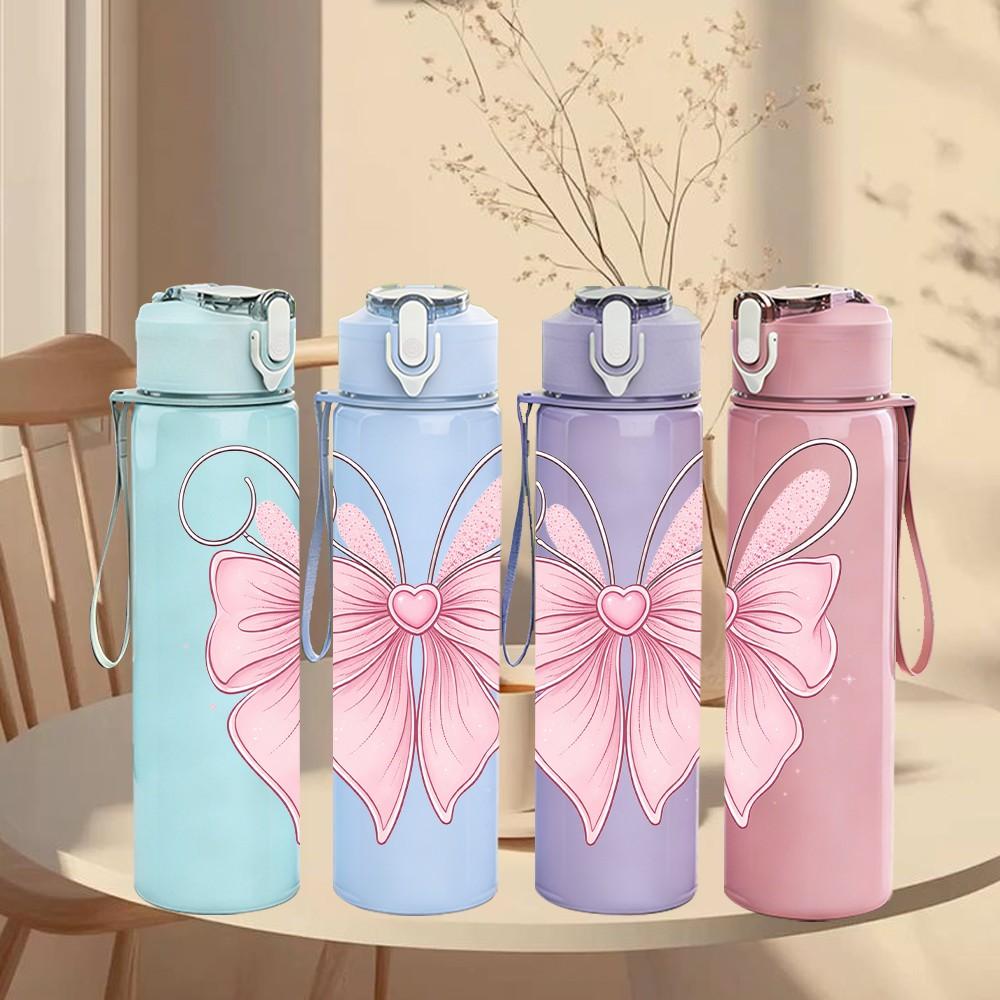 1PC Pink Bow Ribbon Easter Soft Line Art 750ml Color Plastic Sports Water Bottle Leakproof Flip Straw Lid Suitable for Sports Office Home Use
