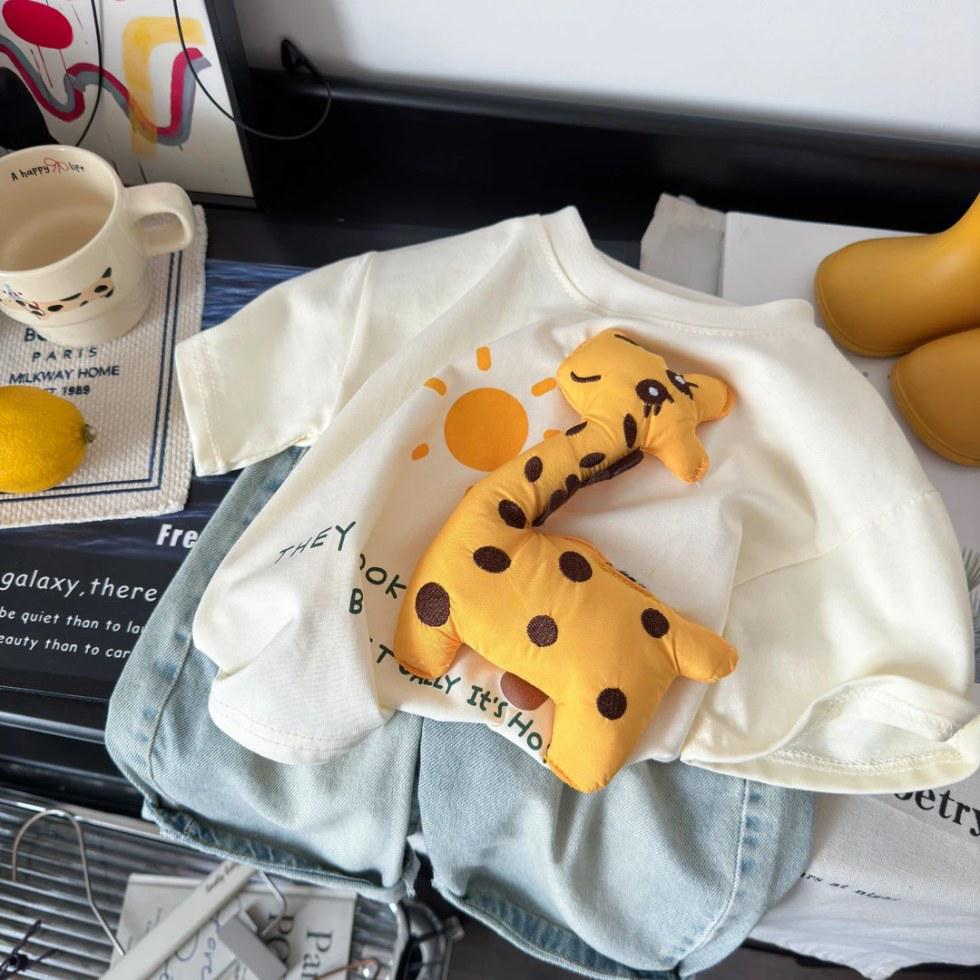 Unisex Koszulka Bawełniana dla Dzieci, Urocza Żyrafa 3D, Krótki Rękaw, Styl Letni