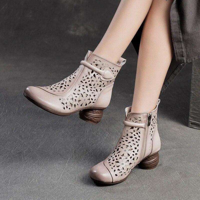 Johnature Retro Prodyšné Holínky Letní Sandály Móda z pravé kůže Dámská obuv na vysokém podpatku