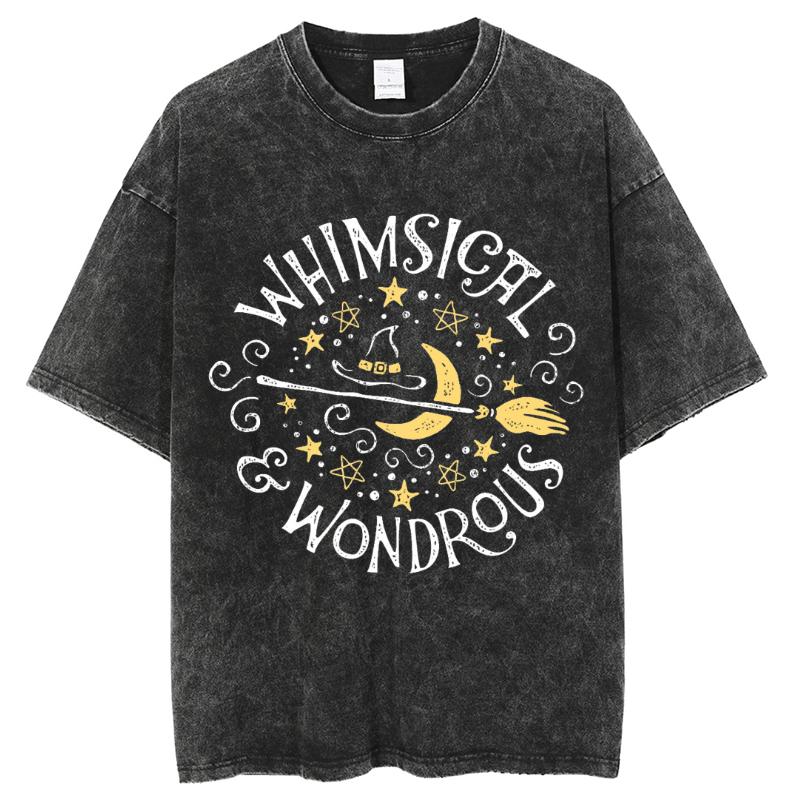 Magic Theme Letter Print T-Shirt Unisex Style Oversize Washed Denim Short Sleeve Vintage Top