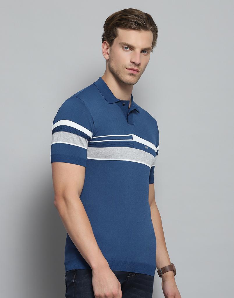 MONTE CARLO Mens Self Design Blue Collar Neck Half Sleeve T-Shirt