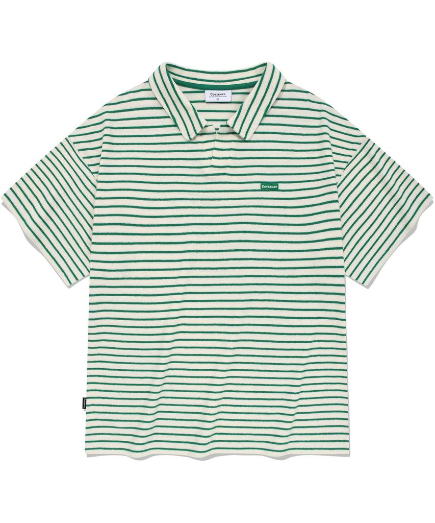 COVERNAT Terry Stripe Open Collar T-Shirt Green