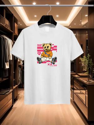 2025 Summer Men's Luxurious and Fashionable Cartoon Bear Brand Printed T-shirt, Pure Cotton Round Neck, Casual and Trendy Y2K