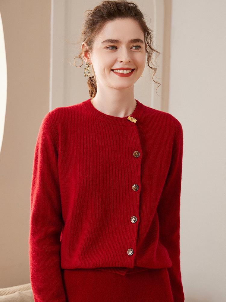 

Женский красный кашемировый кардиган с круглым вырезом - Однотонный, на пуговицах сбоку, свободный, облегающий вязаный верх Large