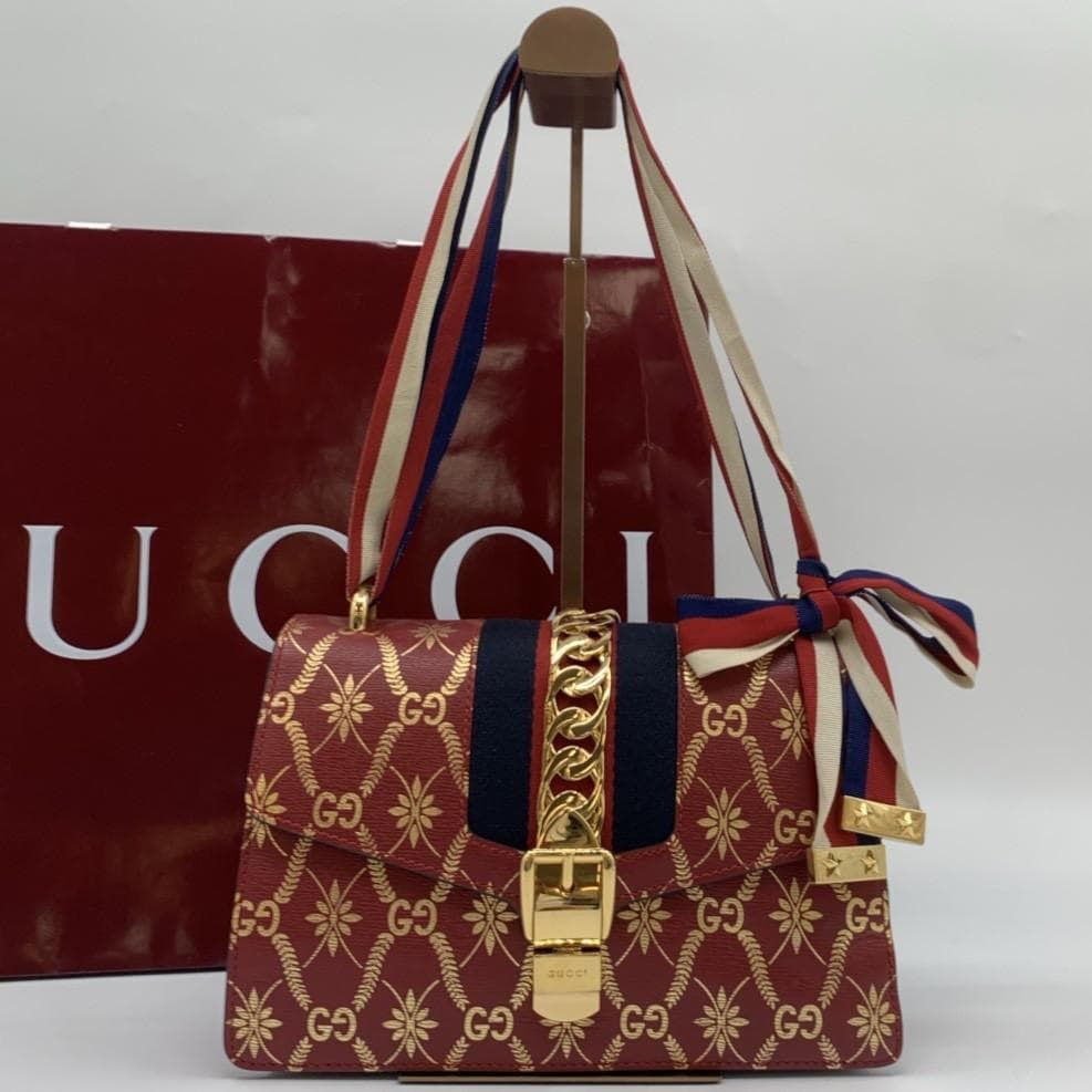 

GUCCI Sylvie Sherry Line GG Pattern Bee & Star Shoulder Bag Leather Genuine Leather Red Bordeaux Multi-Color Women s