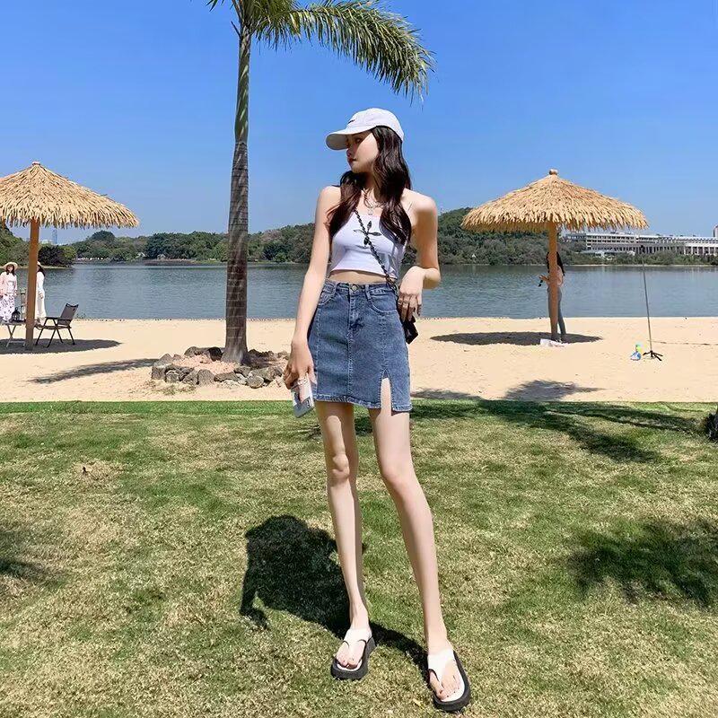 Women's High Waist A-Line Split Denim Mini Skirt - Plus Size, Slimming, Anti-Exposure, Hip-Hugging Design