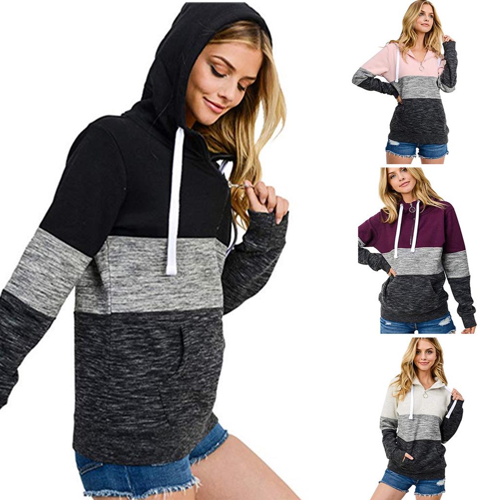 Buy Spring Women Casual Color Patchwork Hoodies Female Long Sleeve ...