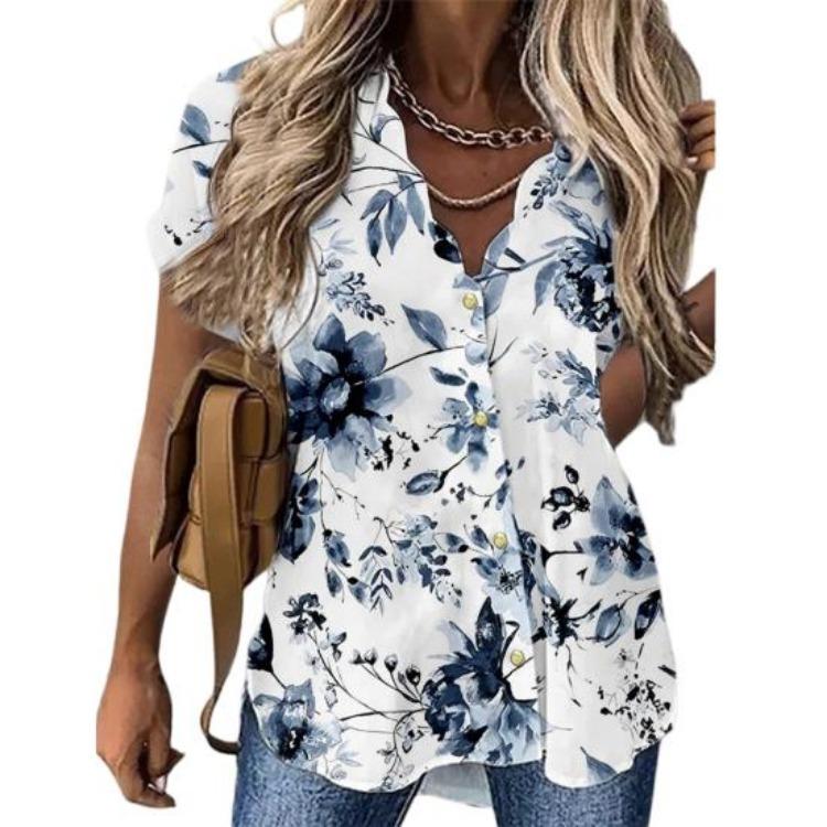 Summer Floral Print Blouse with Petal Neckline Large Buttons Single Breasted Streetwear Fashion