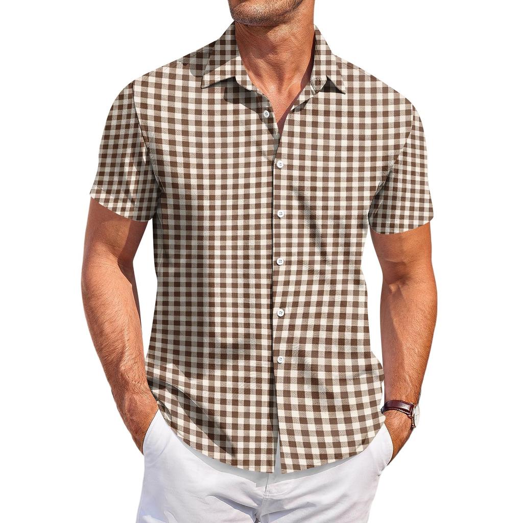Men's Casual Short Sleeve Button Down Shirt Checkered Pattern Lightweight Breathable Fabric Relaxed Fit Summer Top