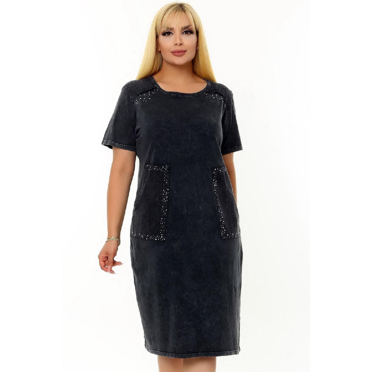 

Pockets And Shoulder Stone Printing Detailed Round Neck Short Arm Comfortable Cutting Knee Length Washing Flexible Dress 50-52 чорний