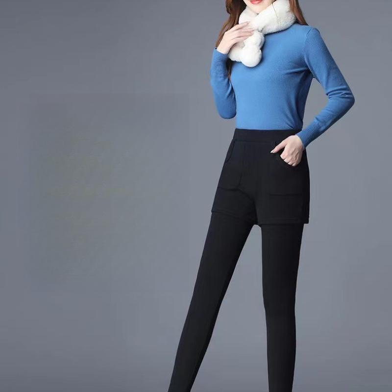 Damen Herbst Winter Fleecegefütterte Verdickte Warme Hose Fake Zweiteilige Basisschicht Lange Hose mit Taschen Bootshose Übergröße Slim Fit