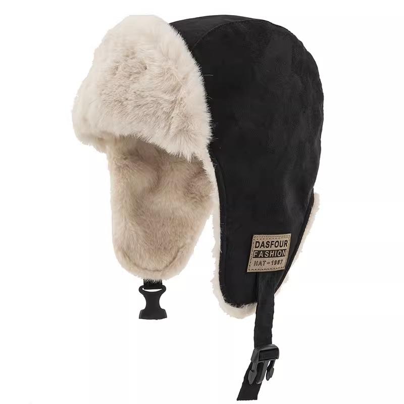 

Мужские и женские зимние утолщенные теплые плюшевые шапки, наклейки, зимние ветрозащитные наружные велосипедные шапки-ушанки M56-58cm чёрный