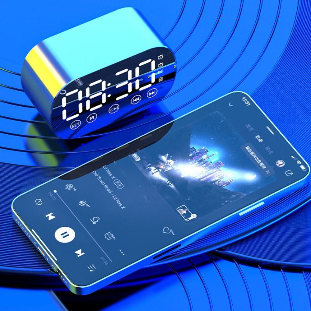 FM Radio Rechargeable LED Digital Alarm Clock Portable Wireless Bluetooth Alarm Clock HD Mirror Display Music Player Desk