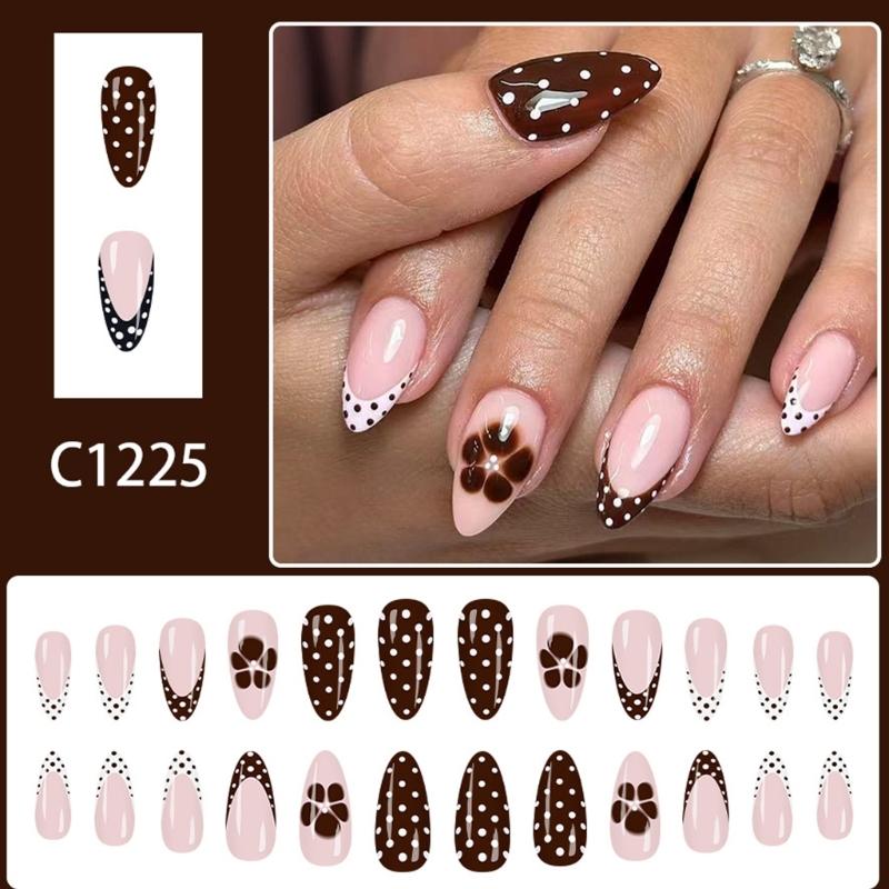 24Pcs Autumn Winter French Tip False Nail Black White Coffee Glitters Press On Artificial Nail Reusable
